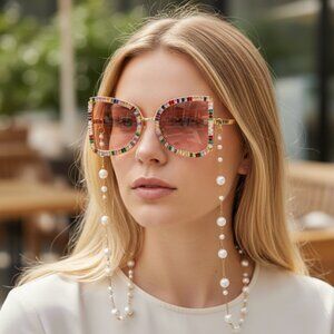 NWOT Meghan Fabulous Bejeweled Sunglasses with Pearl Eyeglass Chain